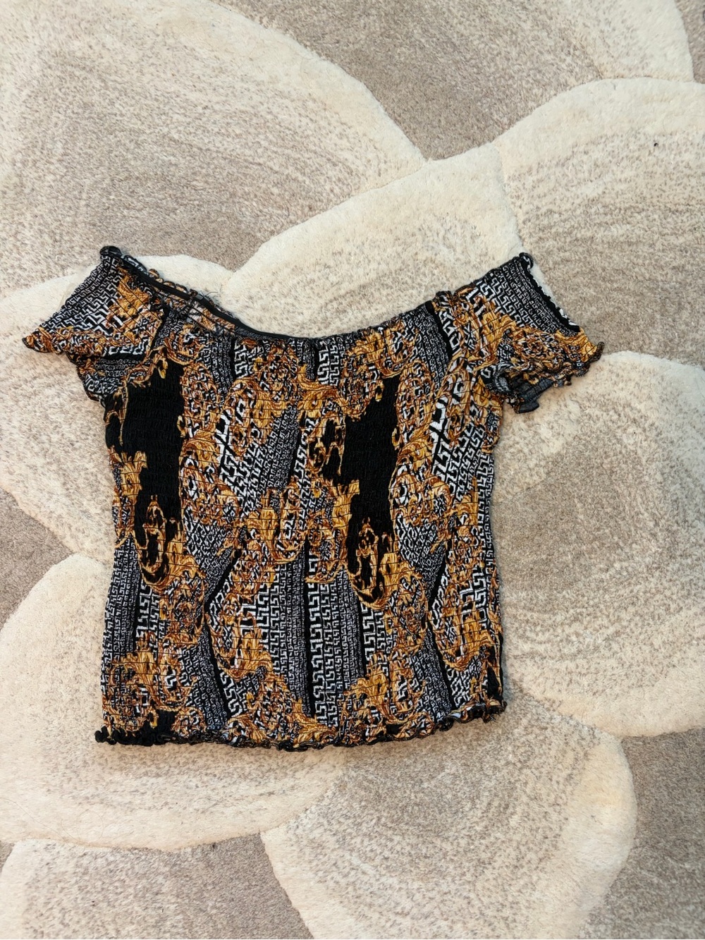 Revamped Black and Gold Off-Shoulder Smocked Top
